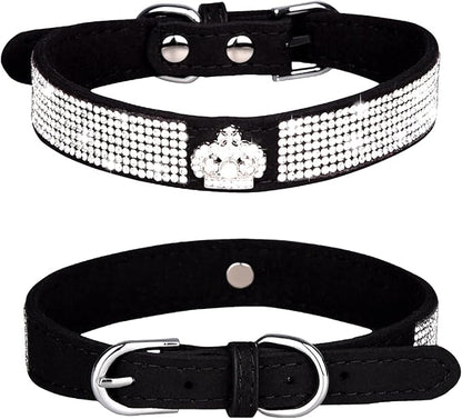 Rhinestone Dog Collar, Cute Dazzling Sparkling Soft Suede Leather Adjustable Pet Dog Cat Collar Crystal Diamond for Puppy Small Medium Large Dogs (XS:21-26cm, Black-4)
