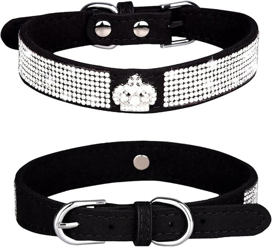 Rhinestone Dog Collar, Cute Dazzling Sparkling Soft Suede Leather Adjustable Pet Dog Cat Collar Crystal Diamond for Puppy Small Medium Large Dogs (XS:21-26cm, Black-4)