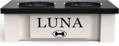 GrooveThis Woodshop - Personalized Elevated Dog Bowl Stand for Large, Medium, Small, X-Small Dogs - Stainless Steel Food and Water Bowls - Raised Dog Dish with Internal Storage (X-Small, Black)