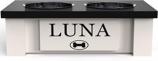 GrooveThis Woodshop - Personalized Elevated Dog Bowl Stand for Large, Medium, Small, X-Small Dogs - Stainless Steel Food and Water Bowls - Raised Dog Dish with Internal Storage (X-Small, Black)