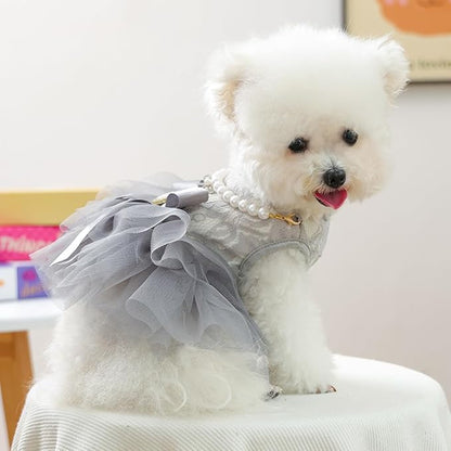 ANIAC Gray Dog Dress for Small Dogs Female,Bow Knot Girl Puppy Clothes with Detachable Pearl Necklace, Elegant Cat Dress, Formal Pet Pary Outfit for Wedding Birthday Valentines (Gray, Medium)