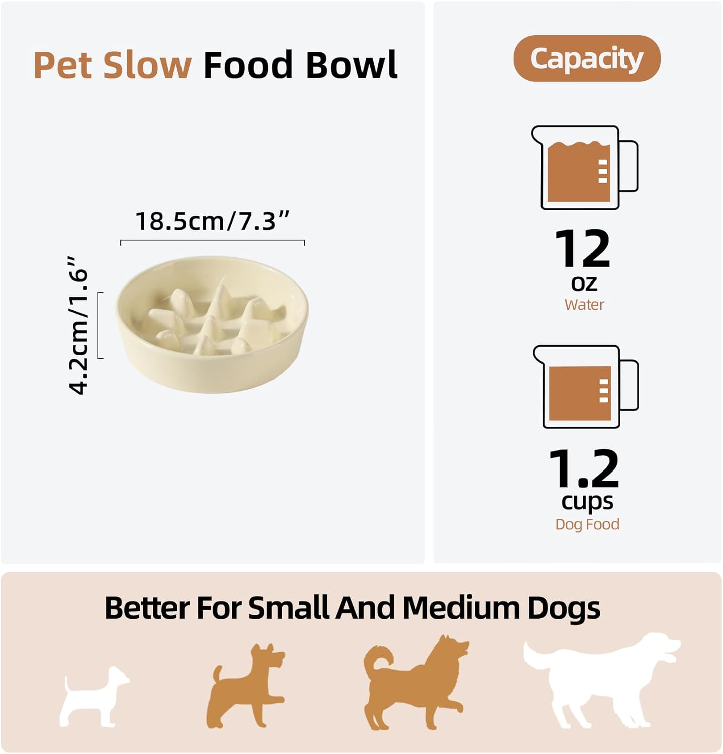 Ceramic 1.2 Cup Dog Bowl Slow Feeder, 7.3 inch Slow Pet Food Dish for Medium and Small Dog, Stop Bloat, Preventing Choking(Single Bowl, Beige)