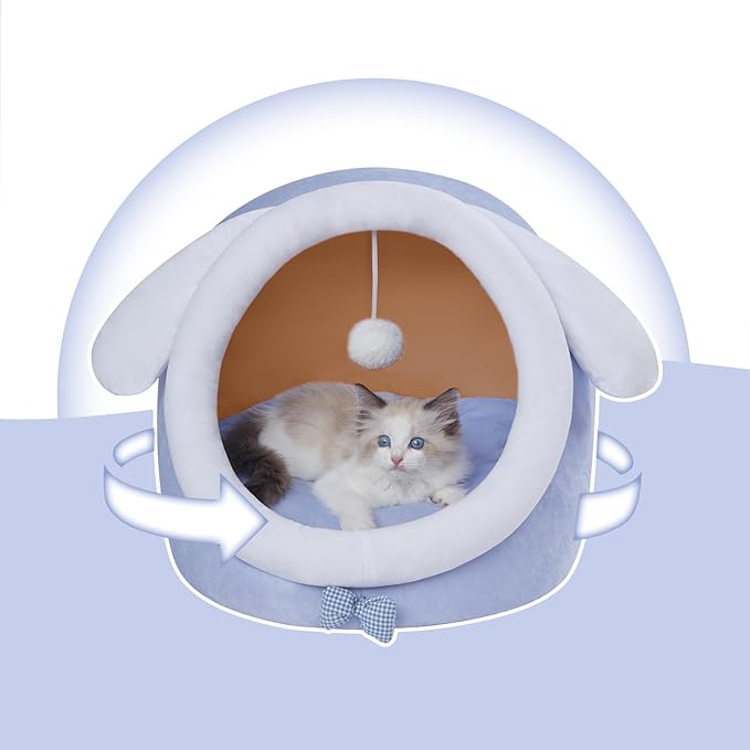 Jiupety Cute Cat Bed for Indoor Cats, Warm Soft Cave Fit for Cat Up to 16 Lb and Puppy, Big Ear, M