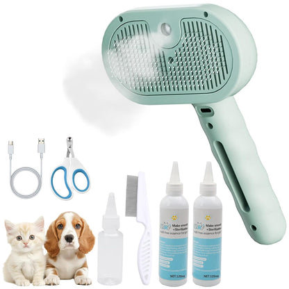 Pet Steam Brush for Cat & Dog – 4-in-1 De-Shedding, Steam Spray, and Self-Cleaning Grooming Tool – Ideal for Long and Short-Haired Pets– Includes 2 Bottles of 120 mL Waterless Shampoo(Green)