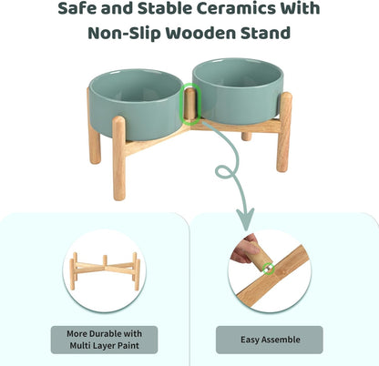 SPUNKYJUNKY Ceramics Raised Dog Bowls with Wooden Stand - Elevated Dog Feeding Set (Double 28.7OZ, Dark Green)