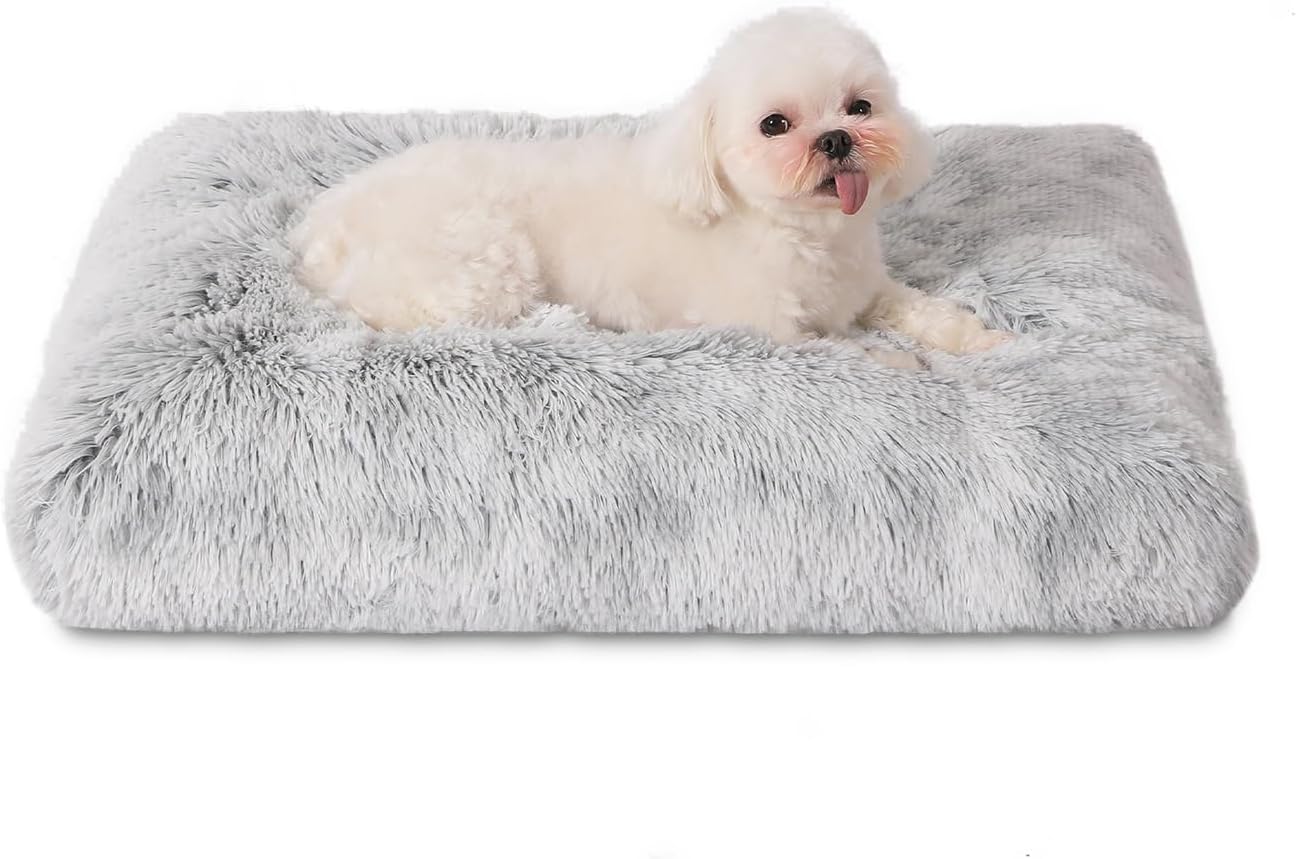 Bedfolks Waterproof Crate Bed, Plush Dog & Cat Bed with Removable Washable Cover, Faux Fur Kennel Pad, 17"x12", Grey