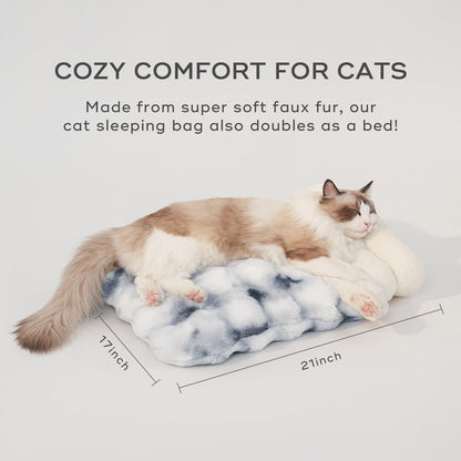 Cat Sleeping Bed for Indoor Cats Self Warming Cat Bag Fits up to 15 lbs Pets Soft Plush Warm Bed 360° Wrap Bag Washable Comfortable Pet Sleeping Bed 21" × 17" Blue White
