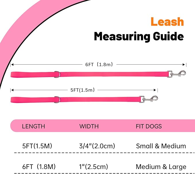 Waterproof Dog Leash, 5/6 FT Durable Odor-Proof Dog Leashes with Strong Metal Hooks Fits Small Medium or Large Dogs (Pink, 6FT - 1 inch Width)
