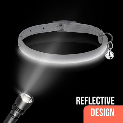 OOPSDOGGY Rolled Leather Cat Collar with Bell, Reflective Kitten Collars with Buckle Include Safety Elastic Strap - Adjustable Small Pet Collars for Boy Girl Cats (White)