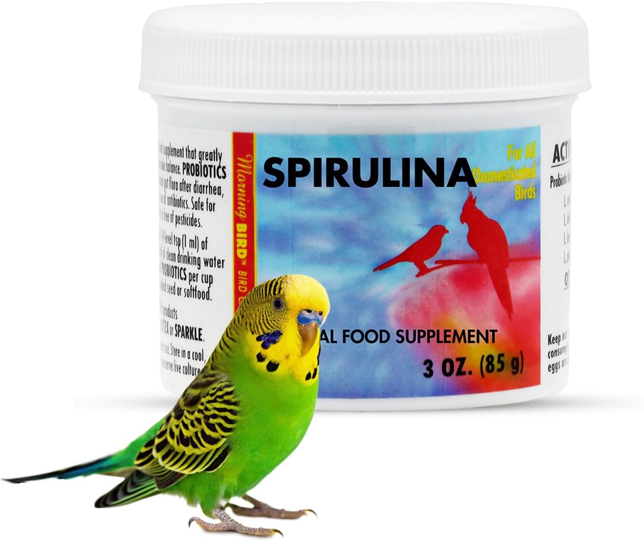 Morning Bird Spirulina, Supplement for Caged Birds, Organic Bird Food Supplement with Vitamins, Proteins, and Amino Acids for Parakeets, Cockatiels, Budgies, Finches, Canaries, and Parrots, 3 oz
