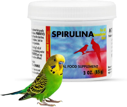 Morning Bird Spirulina, Supplement for Caged Birds, Organic Bird Food Supplement with Vitamins, Proteins, and Amino Acids for Parakeets, Cockatiels, Budgies, Finches, Canaries, and Parrots, 3 oz