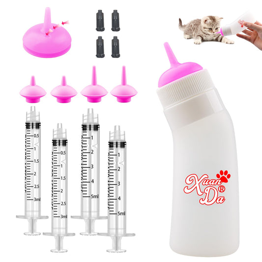 Pet Feeding Nipple with Syringe, Soft Silicone Nursing Pet Feeding Bottle, Ventilation Valve Resistant Tearing for Puppies, Kittens, Rabbit, Small Wildlife (M Nipple,Pink)