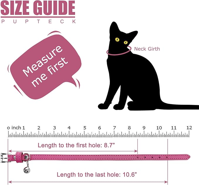 PUPTECK 2 PCS Soft Genuine Leather Cat Kitten Collar with Bells Adjustable for Girl Boy Cats Puppy, Rose Pink