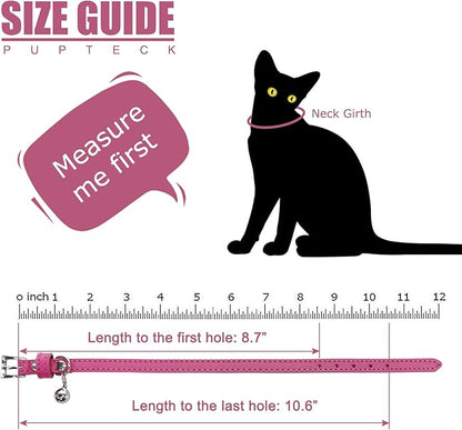 PUPTECK 2 PCS Soft Genuine Leather Cat Kitten Collar with Bells Adjustable for Girl Boy Cats Puppy, Rose Pink