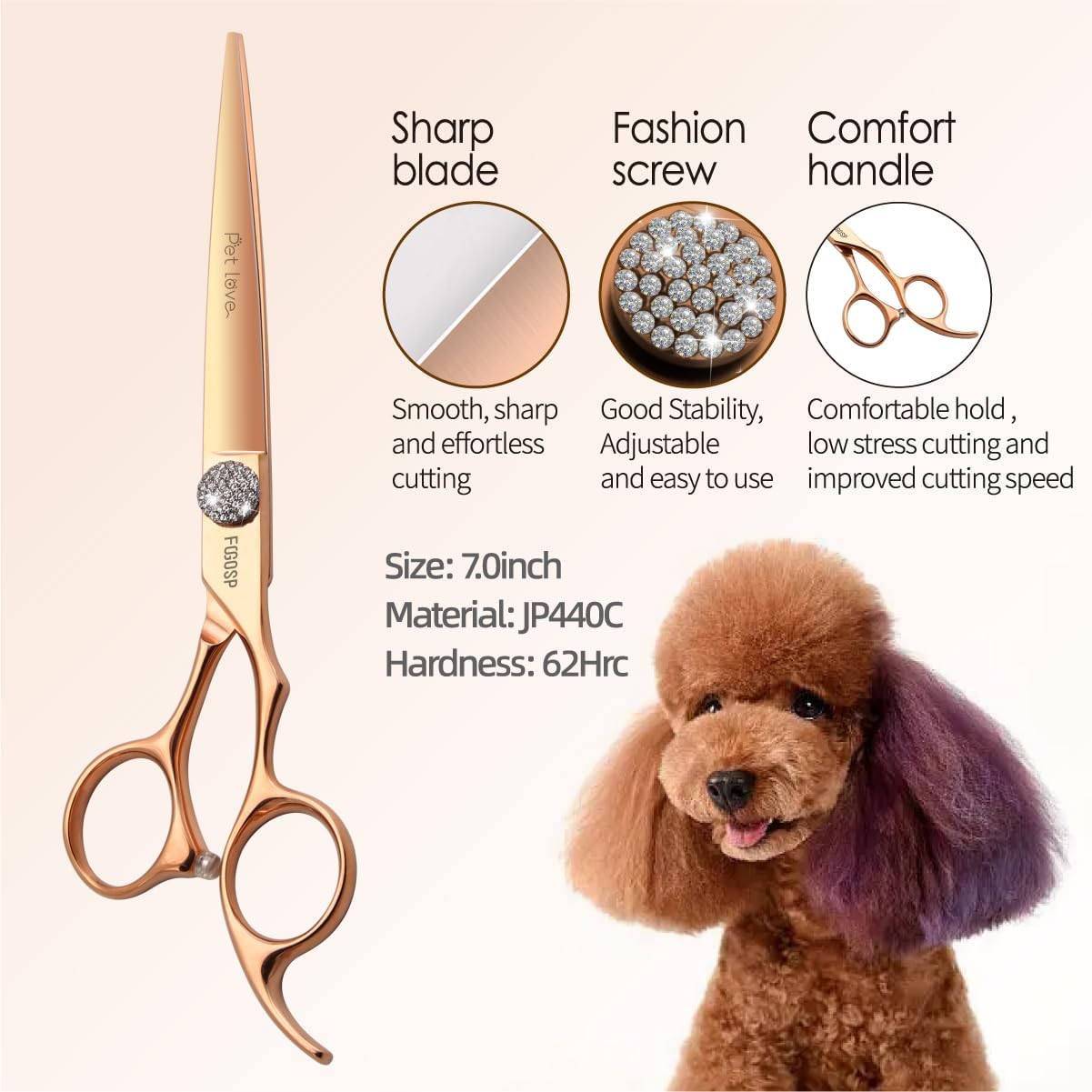 7'' Straight Dog Grooming Scissors Rose Gold Titanium Professional Pet Grooming Shears for Dogs Cat Japan 440C Right Handed Trimming Scissors for Teddy Shih Tzu (7,Straight)