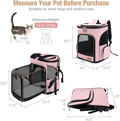 Lekereise Pet Carrier Backpack Expandable Cat Backpack Carrier for Small Dogs Large Cats Puppies, Dog Backpack Carrier for Hiking Travel Outdoor Hold Pets Up to 20 25 Lbs, Pink