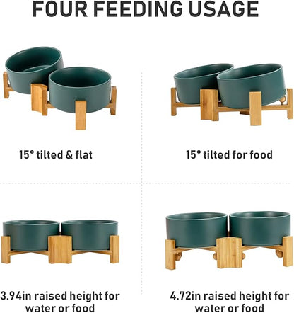 SPUNKYJUNKY 15° Slanted Ceramic Dog and Cat Bowl with Wooden Stand, Tilted Bulldog Food and Water Bowl No Slip Non-Spill for Cats Medium Dogs Big Face Pets 28.7 OZ (3.6 Cups, Green × 2)