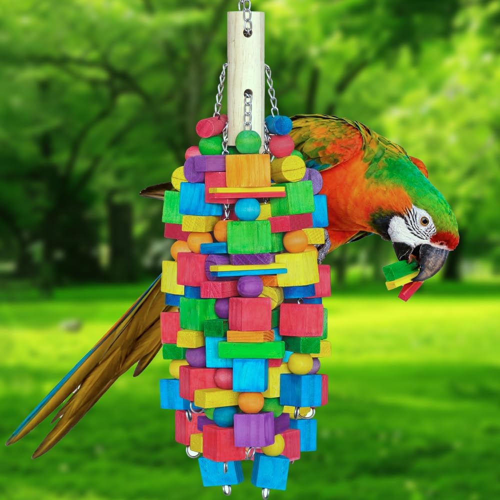 Extra Large Bird Toys - 21.6'' Heavy Duty Natural Parrot Toys for Chewing Foraging with SS Chain & Edible Colors for Medium to Large Parrots, Macaws, Cockatoos, African Grey, Cockatiel, Parakeet