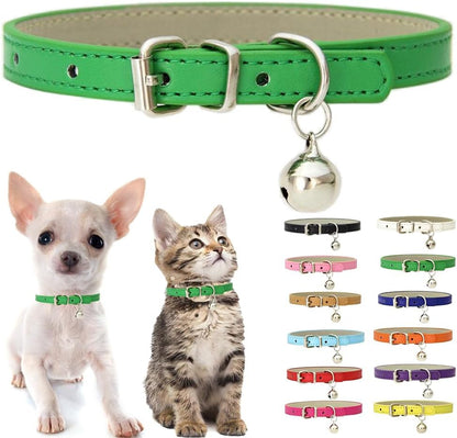 Green XXS Dog Collar with Bell, Soft Pu Leather Cat Collars Adjustable Buckle for XS Extra Small Medium Tiny Female Male Boys Girls Pets Puppy Kitten Teacup Yorkie XX-Small