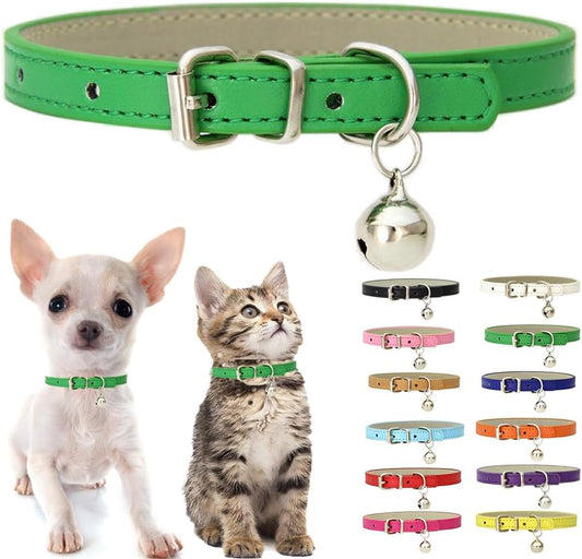 Green XXS Dog Collar with Bell, Soft Pu Leather Cat Collars Adjustable Buckle for XS Extra Small Medium Tiny Female Male Boys Girls Pets Puppy Kitten Teacup Yorkie XX-Small