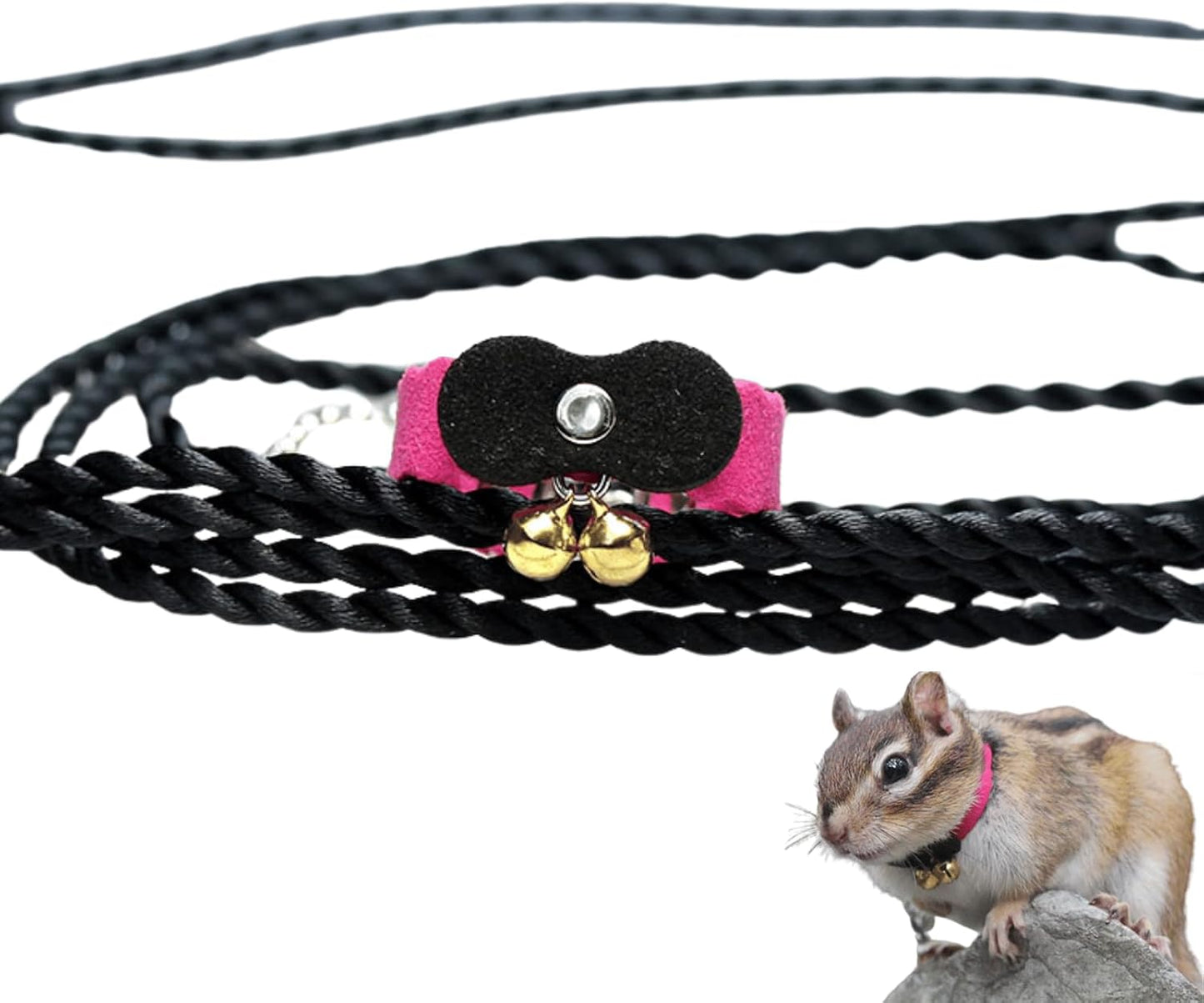 Squirrel Chipmunk Traction Rope Strap Anti-Biting Chain Rope, Small Animal Walking Collar Harness with Lead Leash for Hamster Gerbil Rat Mouse Ferret Chinchilla (Black with Pink)