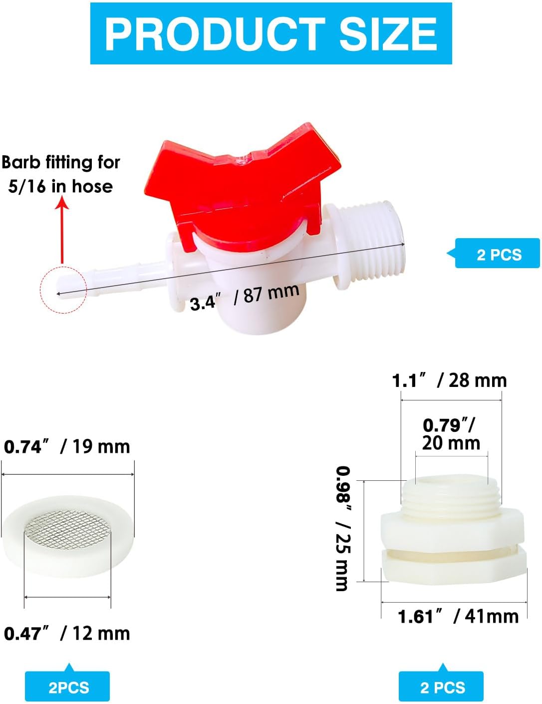 2pcs Rabbit Watering System Bucket Connector Kit-Includes Bulkhead Fitting, Barb Ball Valve，mesh Filter Washer for ID 5/16" Hose, Poultry Watering Equipment, Animal Water Dispenser
