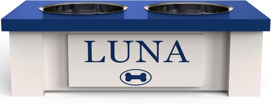 GrooveThis Woodshop - Personalized Elevated Dog Bowl Stand for Large, Medium, Small, X-Small Dogs - Stainless Steel Food and Water Bowls - Raised Dog Dish with Internal Storage (X-Small, Blue)