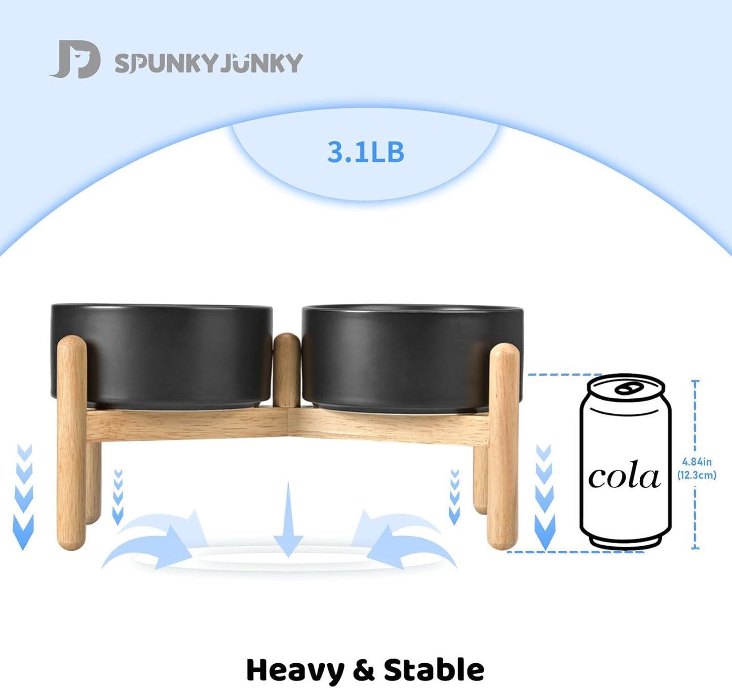 SPUNKYJUNKY Ceramics Raised Dog Bowls with Wooden Stand - Elevated Dog Feeding Set (Double 28.7OZ, Black)