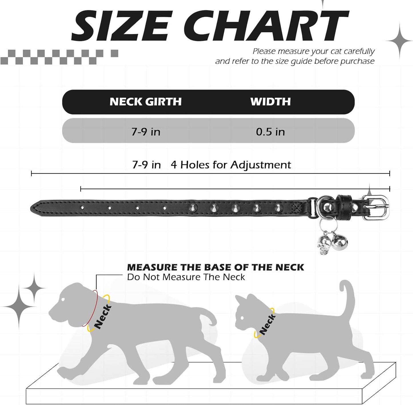 EXPAWLORER Leather Cat Collar for Girl Boy- Adjustable Pet Collar with Safety Elastic Belt,Personalized Punk Accessories Buckle Collars with Bell & Durable D-Ring,Pure Rivets(Black)