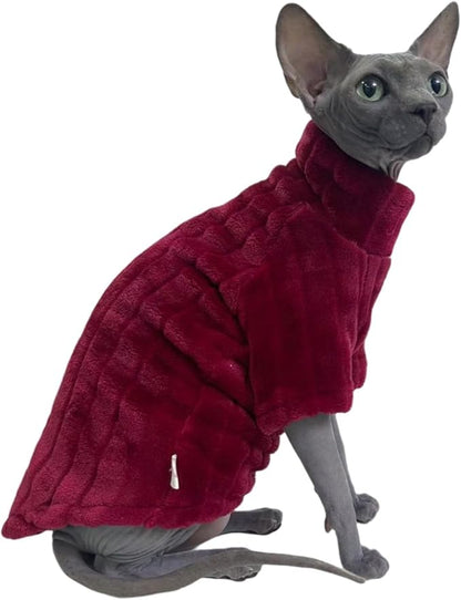 Turtleneck Sweater for Sphynx Cat Soft Coral Fleece Cat Clothes Thick Winter Warm Outfit Coat for Hairless Cats and Small Dogs Apparel with Sleeves (Wine, XL (9-13 lbs))