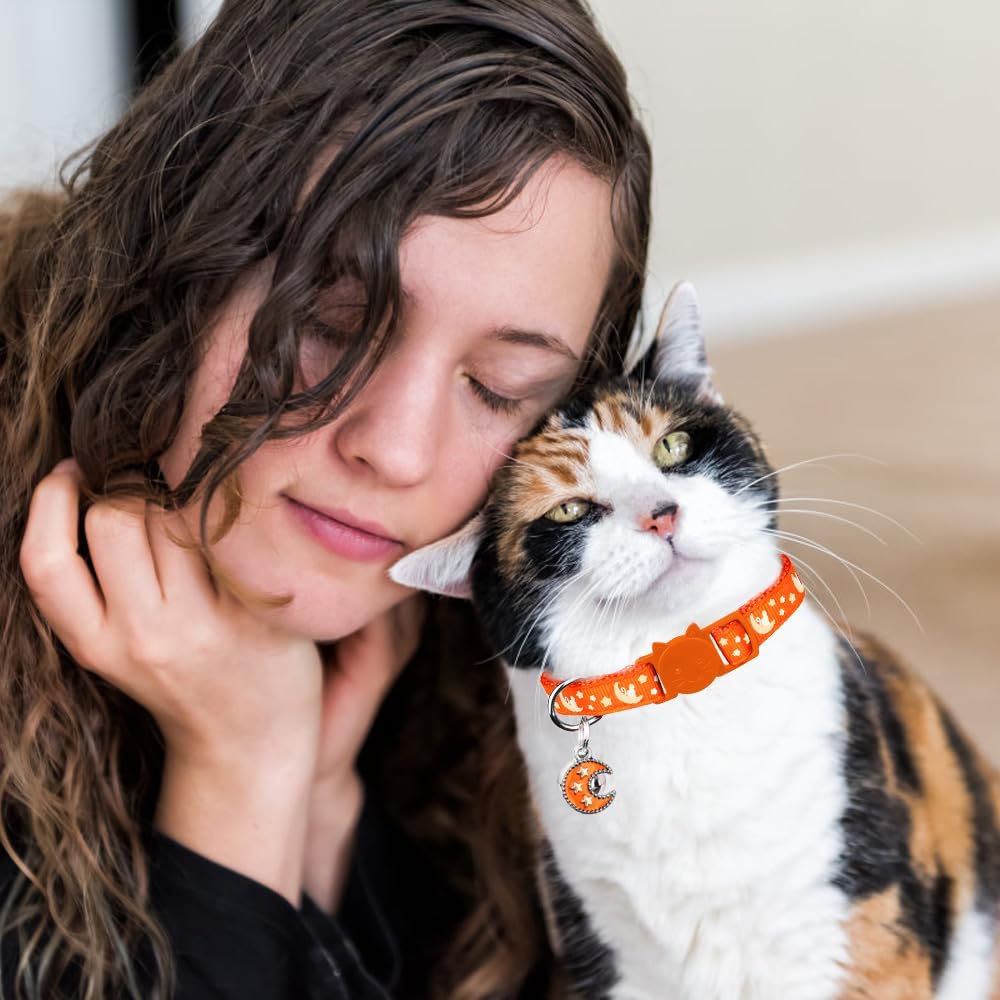 2Pcs Breakaway Cats Collars Cat Collars for Boy & Girl Cats Adjustable Kitten Collars with Bell,Black+Tangerine,8"-13.1"