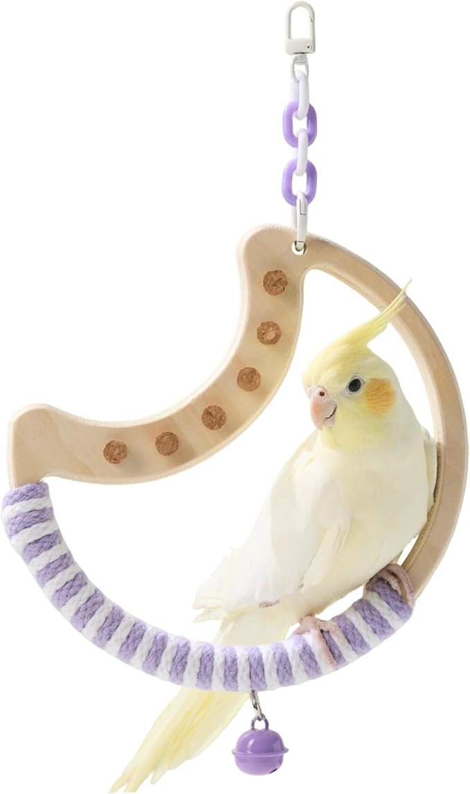 Natural Bird Swing - Moon-Shaped Parrot Perch with Bell and Cork Toys, Spinning Wooden Stand for Parakeets, Budgies, Lovebirds and Small/Medium Birds (White + Purple)