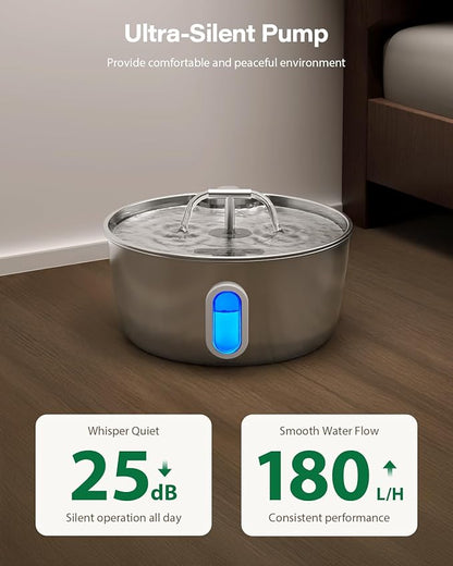 Cat Water Fountain Stainless Steel - 3.2L/108oz Pet Water Fountain for Cats Indoor - Automatic Pet Watering Dispenser (1 Filter)