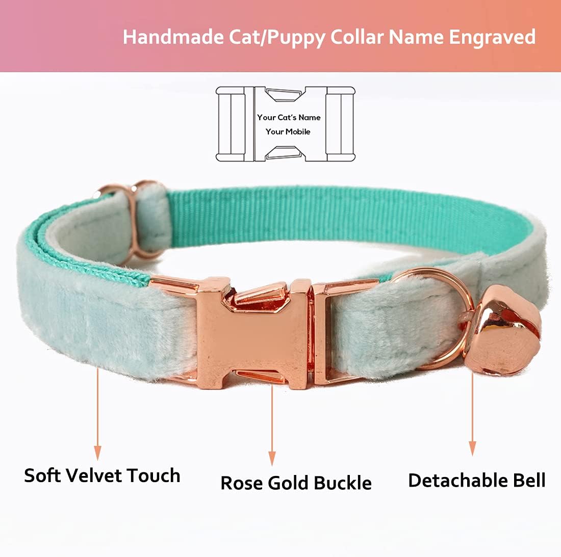 Cat Collar Personalized with Name Engraved and Bell, Customized Velvet Collars for Puppy Kittens (Aqua, L)