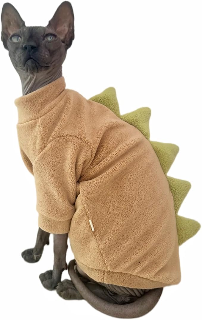 Dinosaur Sphynx Cat Clothes, Soft Polar Fleece Sweater for Cat, Elastic Pet Clothes Thick Winter Warm Outfit for Hairless Cat, Devon, Cornish, Small Dogs Apparel with Sleeves (Khaki, X-Large)