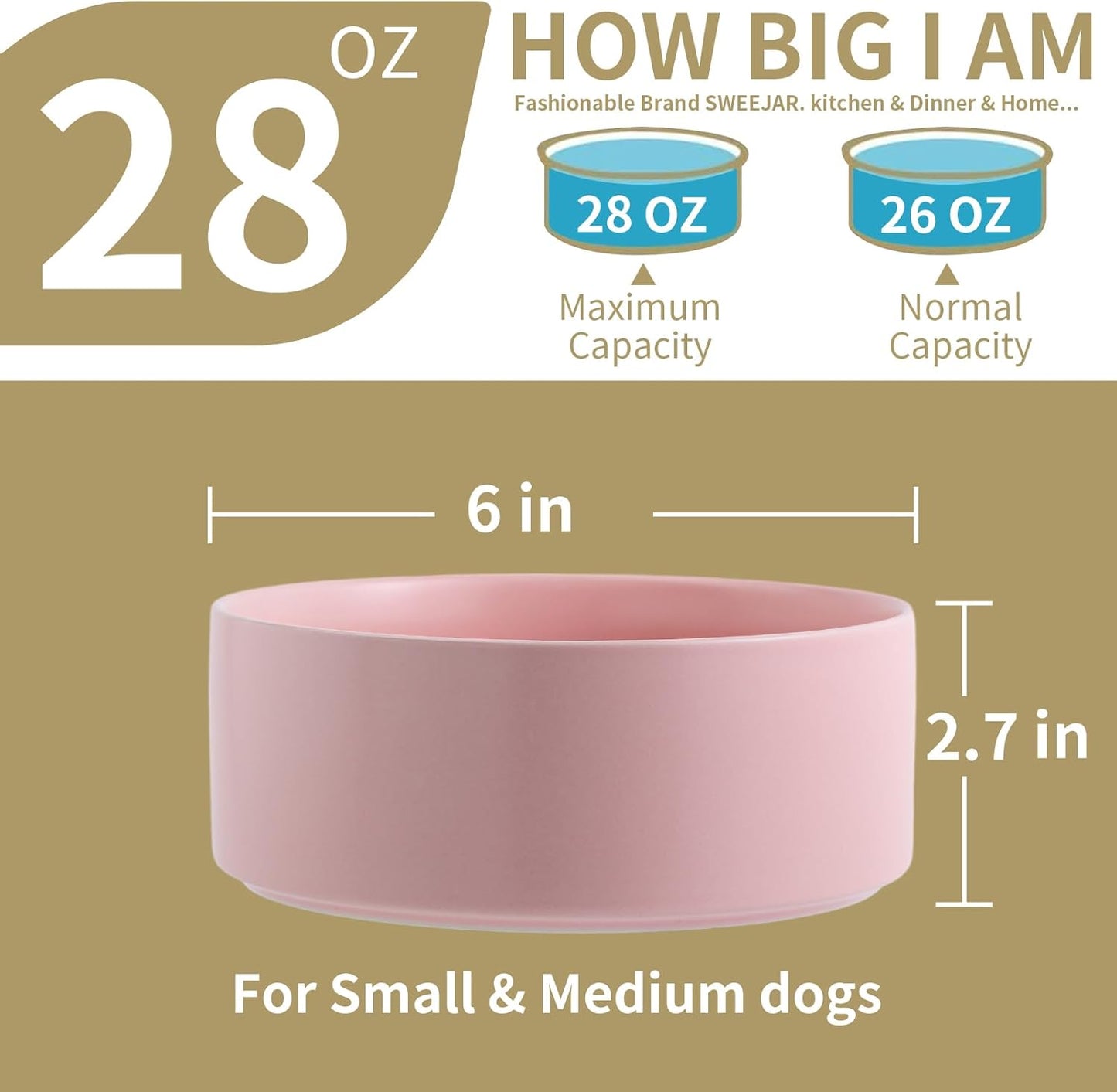 Pink Elevated/Raised Dog Bowl Ceramic for Small Medium Sized Breed,Dog Food Water Bowl with Stand,6 in 3.6 Cups Non Slip Heavy Weighted