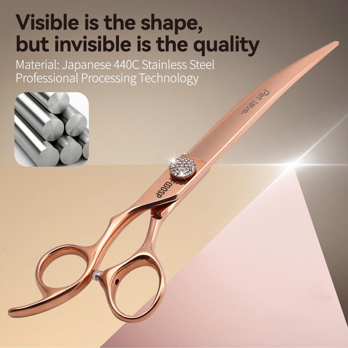 Professional Left Handed Curved Dog Grooming Scissors 8'' Downward 30° Rose Gold Titanium Japan 440C Pet Grooming Trimming Shears for Large Dog Poodle(8,Curved)