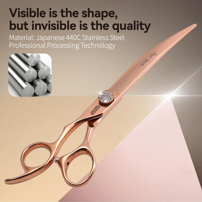 Professional Left Handed Curved Dog Grooming Scissors 8'' Downward 30° Rose Gold Titanium Japan 440C Pet Grooming Trimming Shears for Large Dog Poodle(8,Curved)