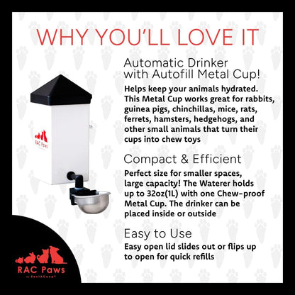 RentACoop No-Drip 32oz Small Animal Drinking Bottle with Auto-Fill Metal Cup for Small Pet/Bunny/Ferret/Hamster/Guinea Pig/Rabbit/Chinchilla/Mouse/Rat. Food Grade Plastic