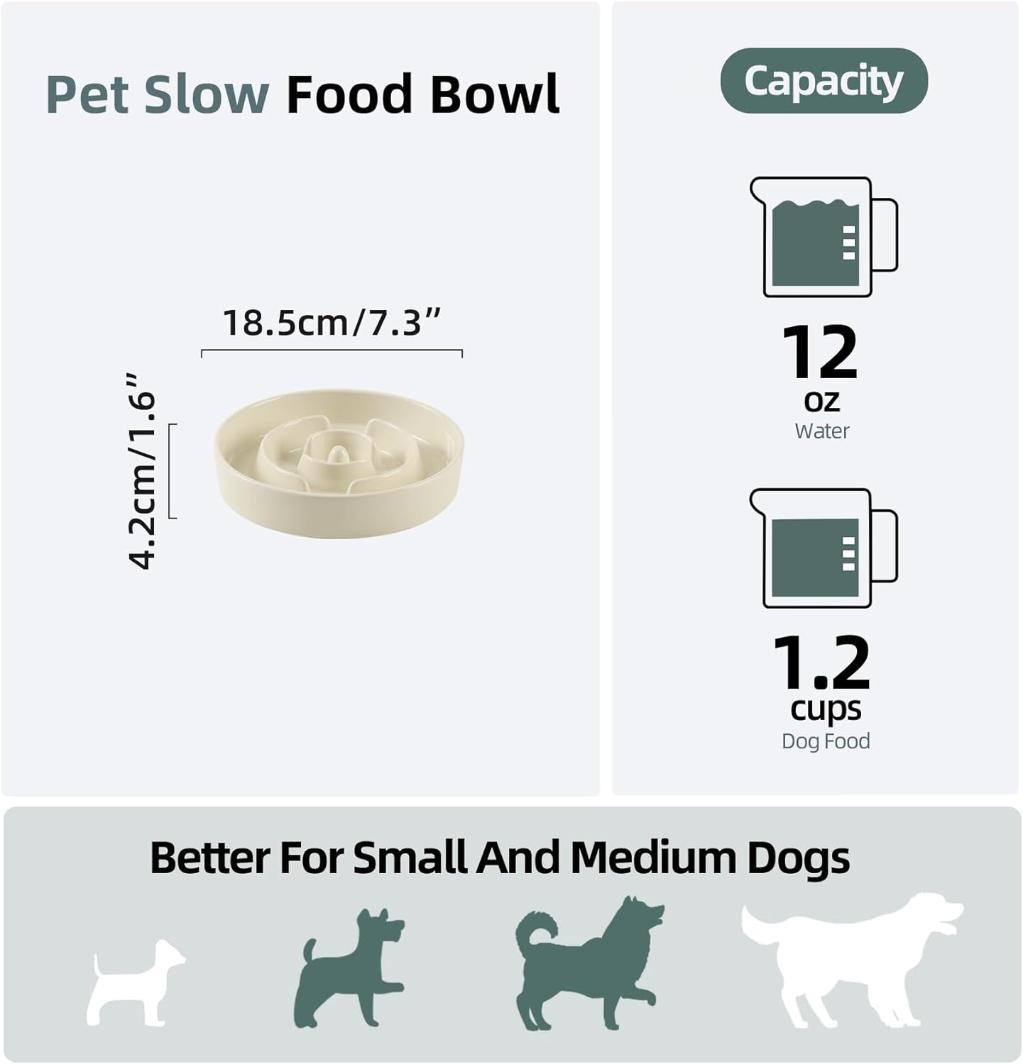 Ceramic 1.2 Cup Slow Feeder Dog Bowl for Medium and Small Breed, 7.3inch Puzzle Dog Food Dish, Anti-Gulping, Stop Bloat, Preventing Choking (Single Bowl-Beige)