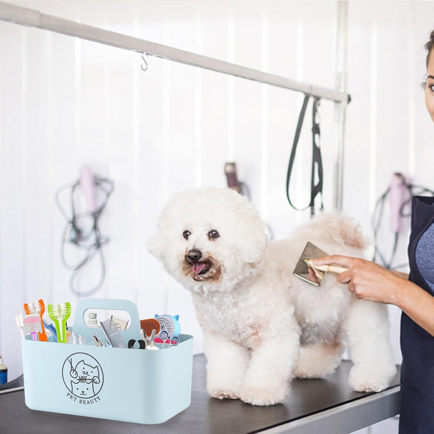 Dog Storage Organizer for Grooming Supplies,Portable Caddy Organizer for Pet Stuff,Divided Storage Bin for Dog Cat Grooming Kit,Dog Stuff Organizer with Handle for Shampoo,Clipper,Comb-Blue