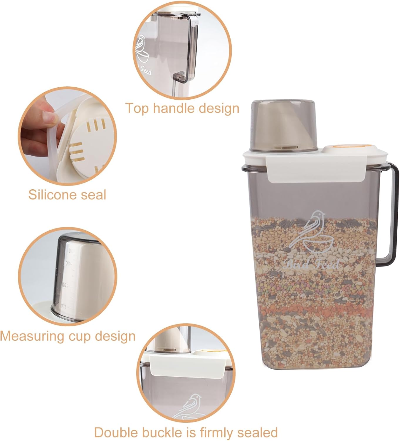 Bird Seed Storage 2L Airtight Pet Food Storage Containers Plastic Bird Food Container with Measuring Cup BPA Free Dog Food Containers for Dry Food Leakproof Seed Storages Container,Cat Bird