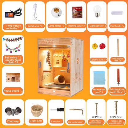 Large Bird Cage with Heater and Thermosta, Bird House Incubator, Bird Nesting Box, Birdcage Accessories, Wooden Birdhouse kit for Parrot Parakeet Cockatiel Lovebirds Budgie Finch Parrotlets Canary