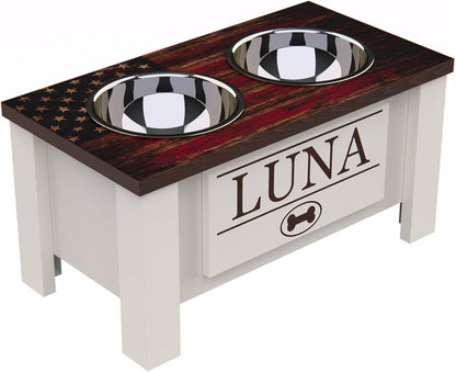 GrooveThis Woodshop - Personalized Elevated Dog Bowl Stand for Large, Medium, Small, X-Small Dogs - Stainless Steel Food and Water Bowls - Raised Dog Dish with Internal Storage (Medium, Flag Design)