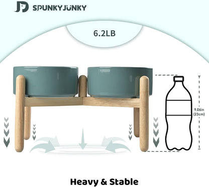 SPUNKYJUNKY Ceramics Elevated Dog Feeding Stand with Wooden Base - Double 60oz Bowls for Medium Large Dogs (Dark Green)