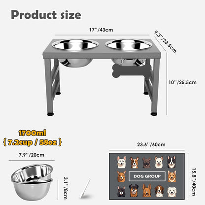 Elevated Dog Bowls, 10" Tall Height, Raised Bowl Stand with 2 Stainless Steel Food Feeder Bowls (58oz) and Spill-Proof Mat for Medium Large and Small Breeds, Grey