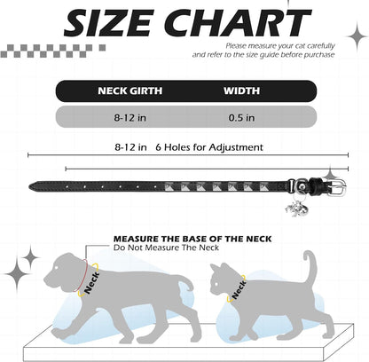 EXPAWLORER Halloween Leather Cat Collar - Adjustable Pet Collar with Rivet Spike for Girl Boy Cats, Punk Accessories with Bell & Durable D-Ring,Silver Square Nails