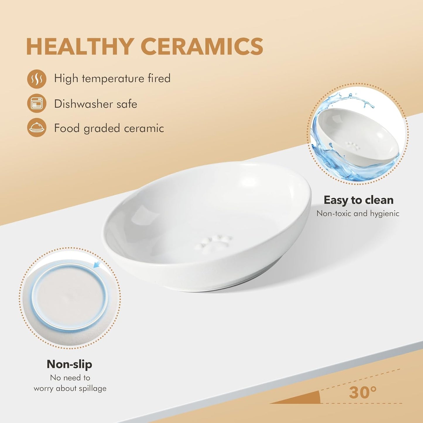 Raised Ceramic Wide Whisker Friendly Cat Dishes, Food&Water Bowl with 2 Style Stand Adjustable Pet Bowl Set(1Dish+1Shallow Dish+Stand, White