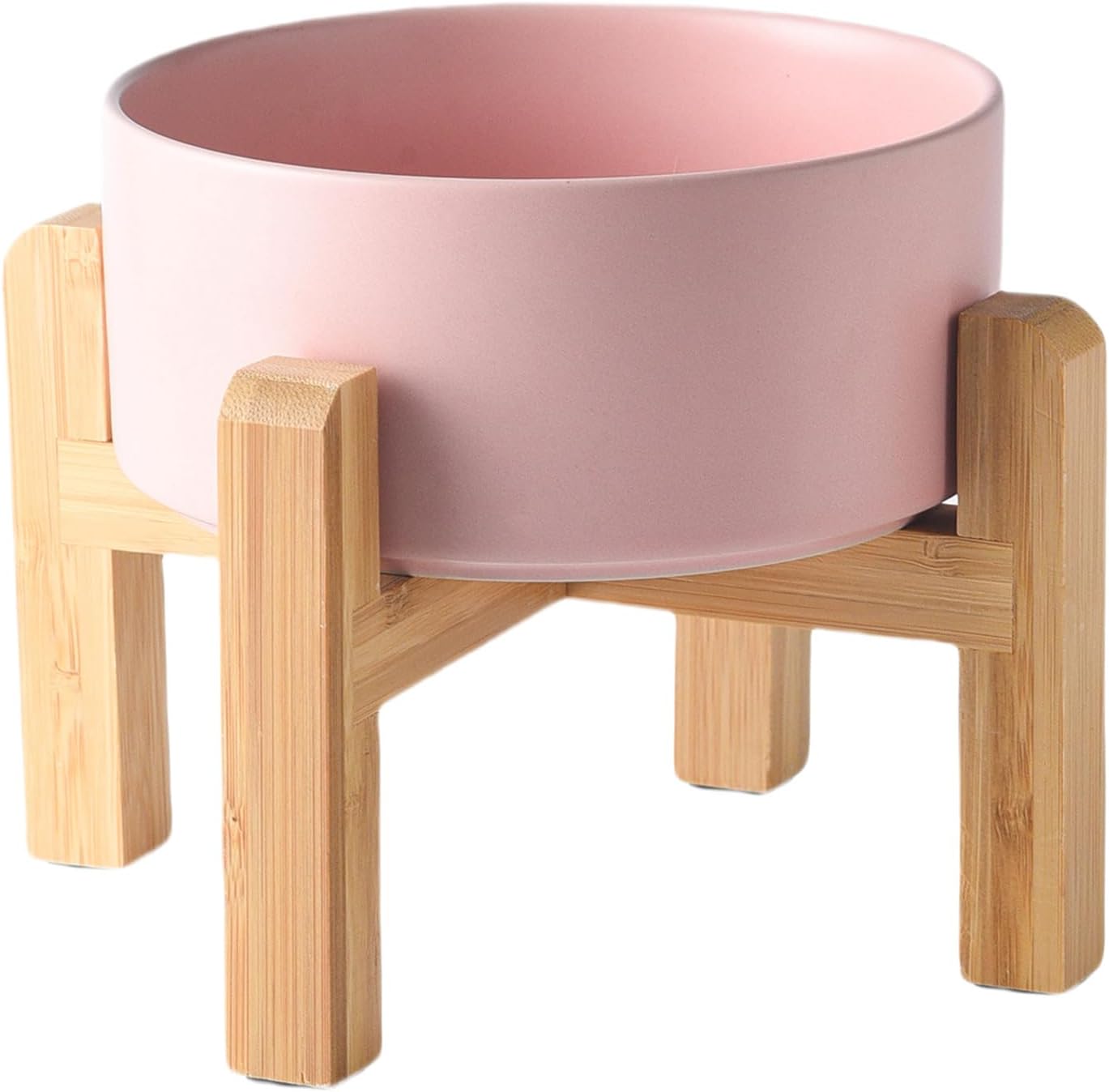 6'' Ceramic Raised Dog Bowl - 30Oz Dog Food & Water Bowl with Elevated Non-Slip Bamboo Stand, Dishwasher & Microwave Safe, Anti Vomiting Heavy Duty Pet Bowl for Small and Medium Dogs, Pink