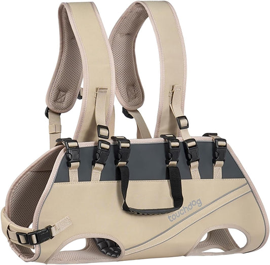 Dog Backpack Carrier for Large Dogs - Hands-Free Pet Travel Pack with 6-Point Safety System, Waterproof & Reflective Design for Motorcycle, Hiking, Surfing (Khaki Color, XX-Large)